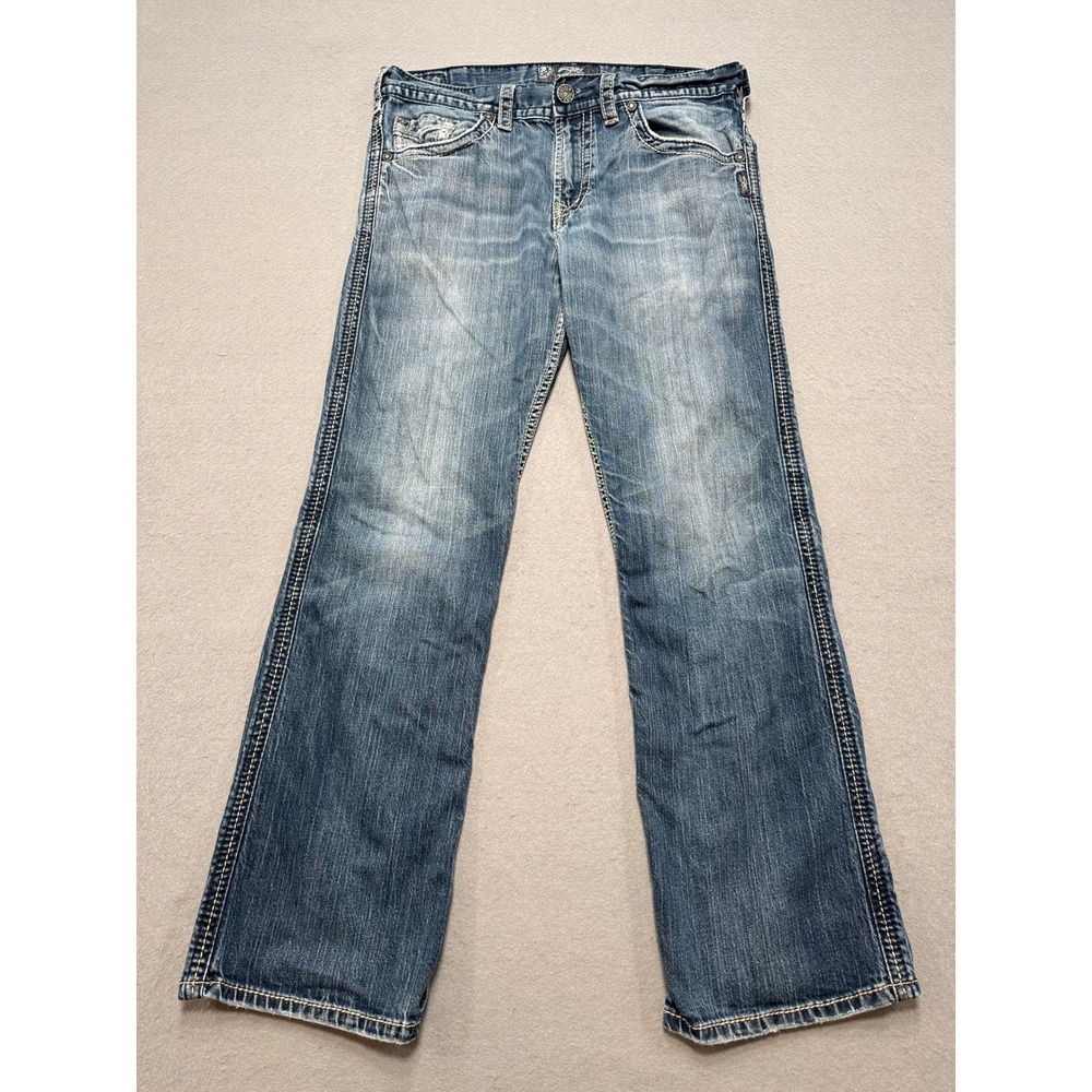 Silver Jeans Men's 33x32 Blue Zac Flap Medium Wash Straight Relaxed Fit Whiskers